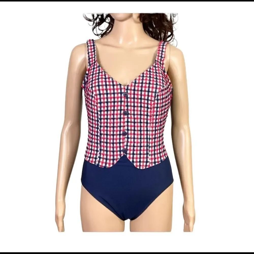 NEW Vintage 80׳’s Mainstream Red Blue White Plaid One Piece Swimsuit 14
